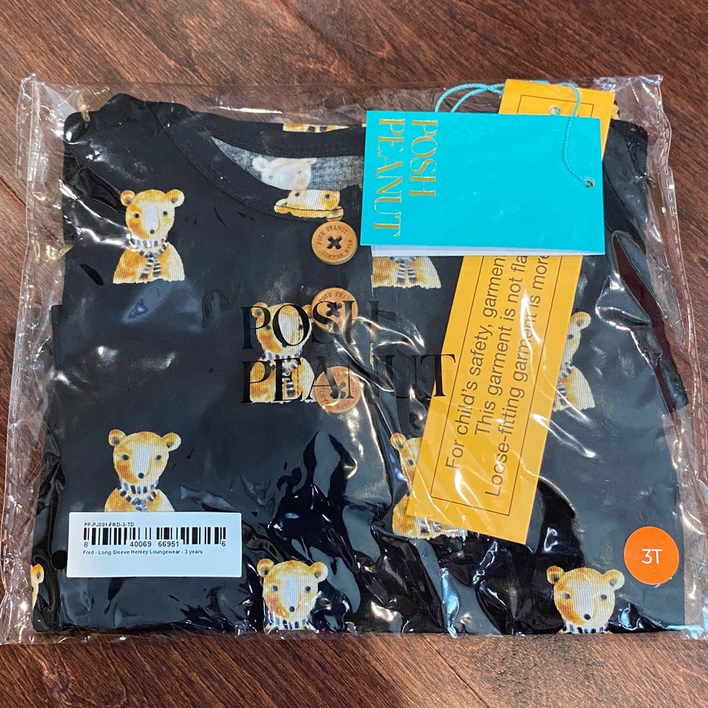 Posh Peanut Bamboo Fred Teddy Bear Long Sleeve Henley Pajamas Loungewear 3T NWT